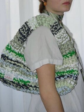 Handwoven Chunky Crochet Shoulder Bag in Green & Neutral Tones